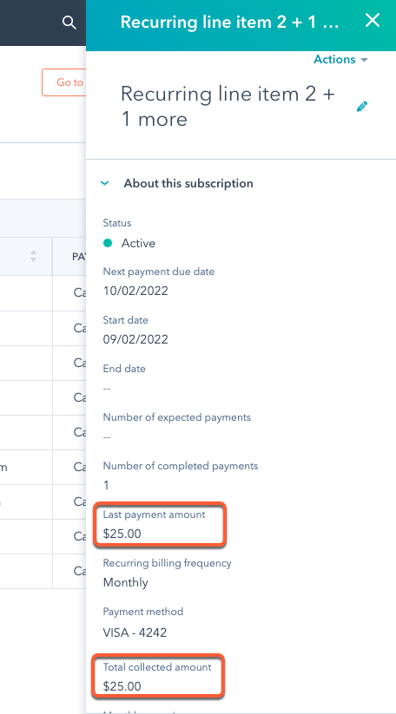 HubSpot subscription record sidebar showing the 'Last payment amount' and 'Total amount collected' properties, reflecting applied discounts.
