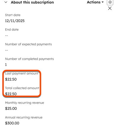 HubSpot Abonnementdatensatz Seitenleiste zeigt die Eigenschaften "Letzte Zahlung Betrag" und "Insgesamt Betrag eingezogen" an, die die angewandten Rabatte darstellen.
