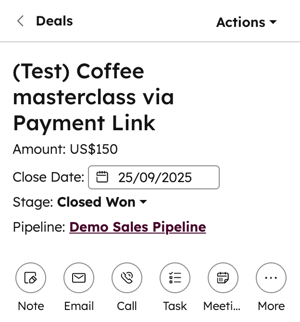 A screenshot of a deal card showing the '(Test)' tag next to the deal name.