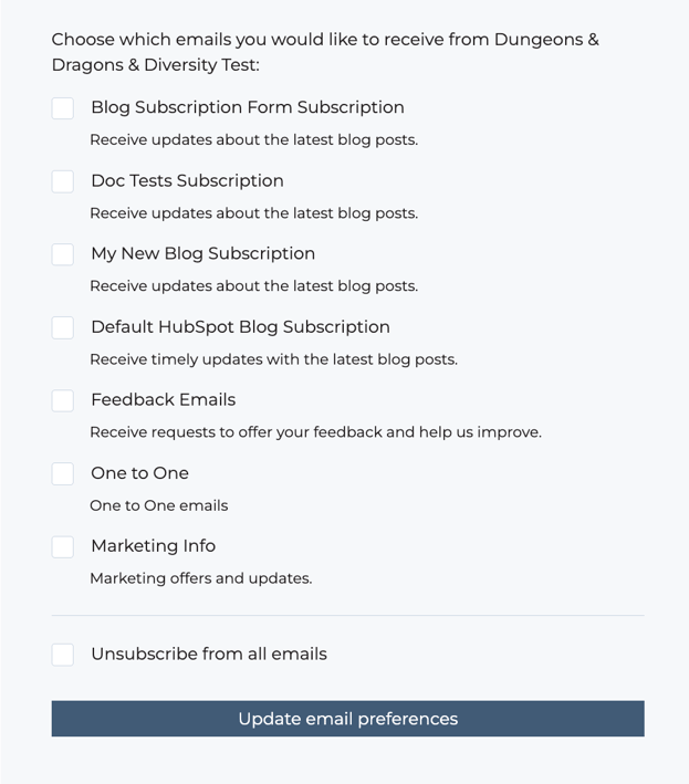 Image of a sample subscription preferences page