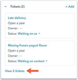 right sidebar card showing "tickets" with two tickets present such as "missing frozen yogurt flavor".