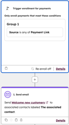 使用 "付款来源 "属性设置 HubSpot 工作流程触发器，以启动自动化。