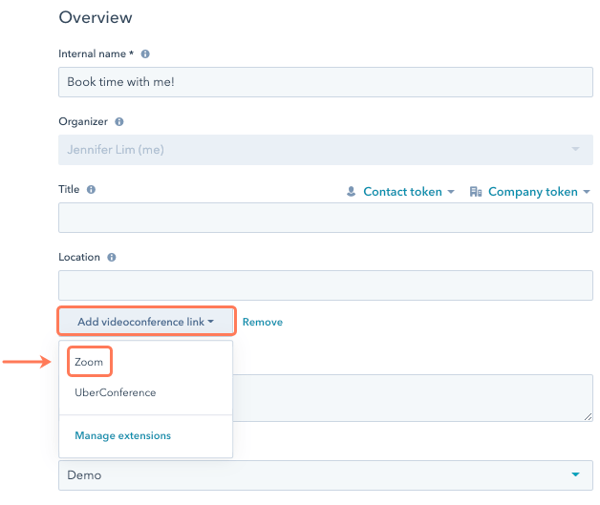 screenshot showing how to add Zoom videoconference link to a meeting scheduling page