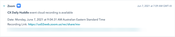 screenshot showing Zoom recording on a contact record in HubSpot