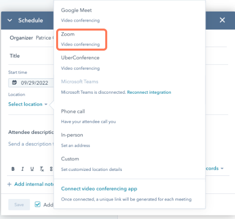 screenshot showing how to add Zoom when scheduling a meeting from a CRM record