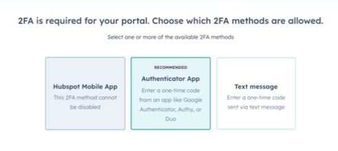screenshot showing the 2FA methods admin can allow in HubSpot