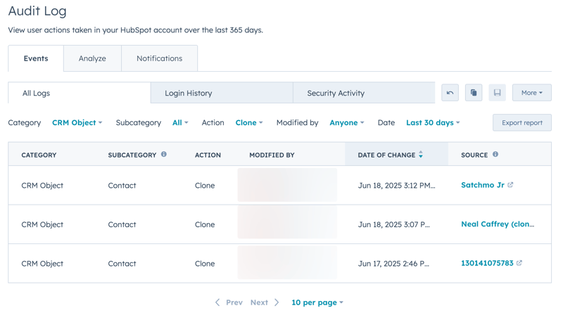 A screenshot of the HubSpot Audit Log, filtered to display 'Clone' actions for CRM Objects, showing which user cloned a record and when.