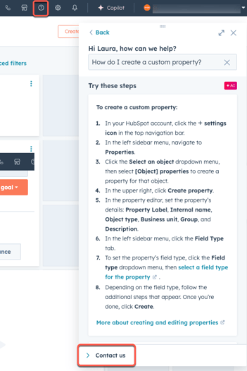 Screenshot showing how to contact HubSpot Support