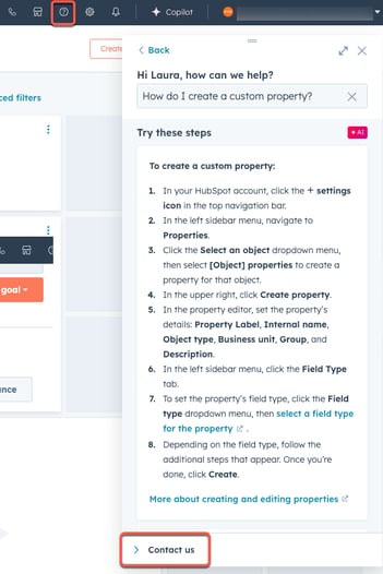 Screenshot showing how to contact HubSpot Support