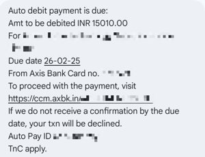 A SMS message showing the message received from the Indian bank