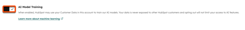 AI Model Training setting in HubSpot with toggle turned on and description about using customer data to train AI models.