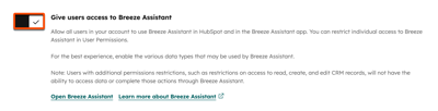 AI settings in HubSpot with the Breeze Assistant access toggle turned on, allowing users to use Breeze Assistant.