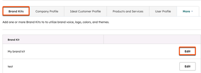 HubSpot AI Data sources page with the Brand Kits tab selected, showing a list of brand kits and an Edit button.