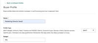 HubSpot Buyer Profile page with a Marketing Director profile, BANT qualification selected, and budget details.