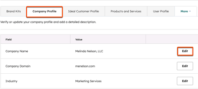 AI Data sources in HubSpot with the Company Profile tab highlighted and editable company information listed.