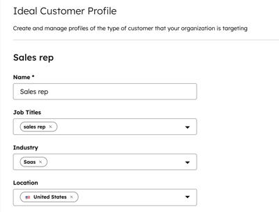 Ideal Customer Profile form in HubSpot showing fields for name, job titles, industry, location, and more.