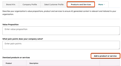 HubSpot AI Data sources with the Products and Services tab selected, showing fields for value proposition and an Add a product or service button.