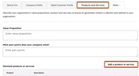 HubSpot AI Data sources with the Products and Services tab selected, showing fields for value proposition and an Add a product or service button.