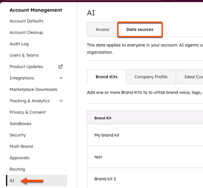 HubSpot AI settings with the Data sources tab selected.