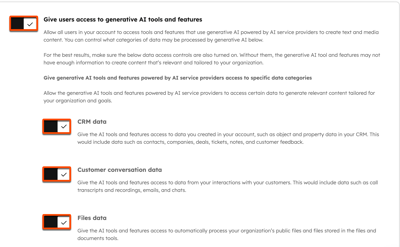 AI settings in HubSpot showing toggles turned on for generative AI access, including CRM data, customer conversation data, and files data.