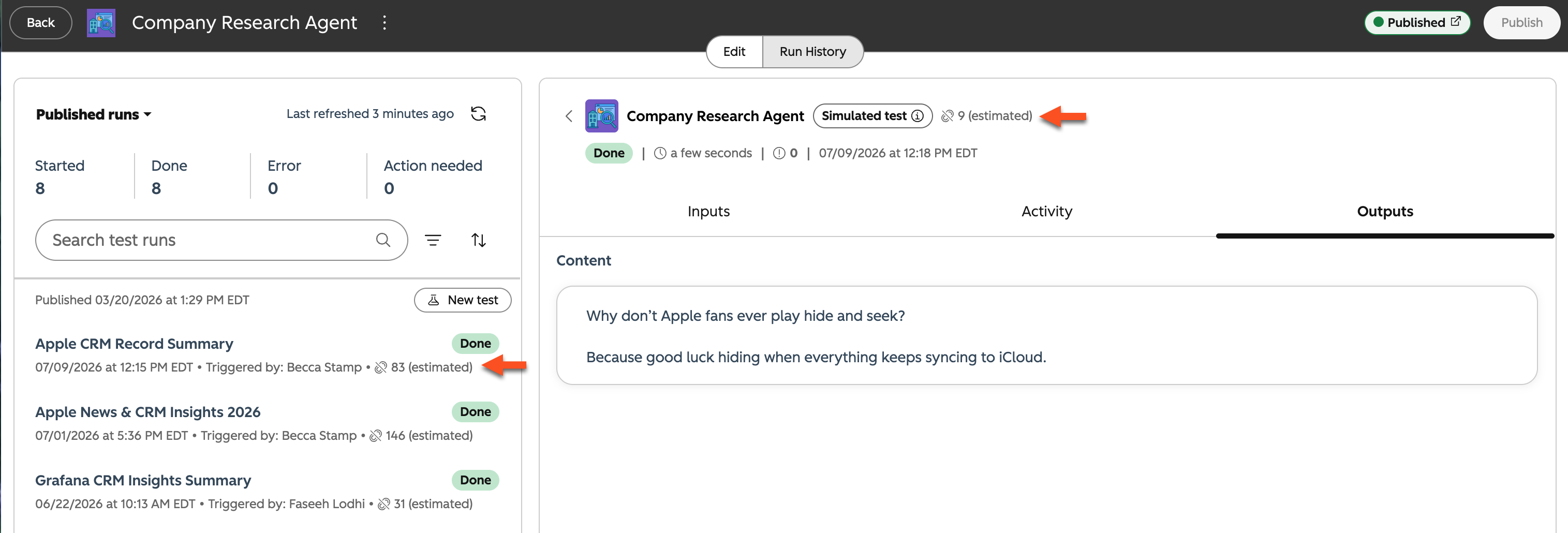 In the agent builder, the run history is displayed. An arrow points to a previous agent run. At the top of the agent run, an arrow points to the estimated credits.