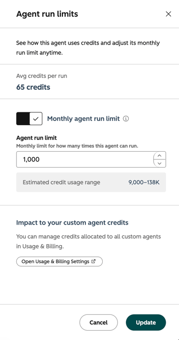 Agent run limits panel with the monthly run limit toggled on, a limit of 1,000 runs set, and an estimated credit usage range of 9,000–138K.