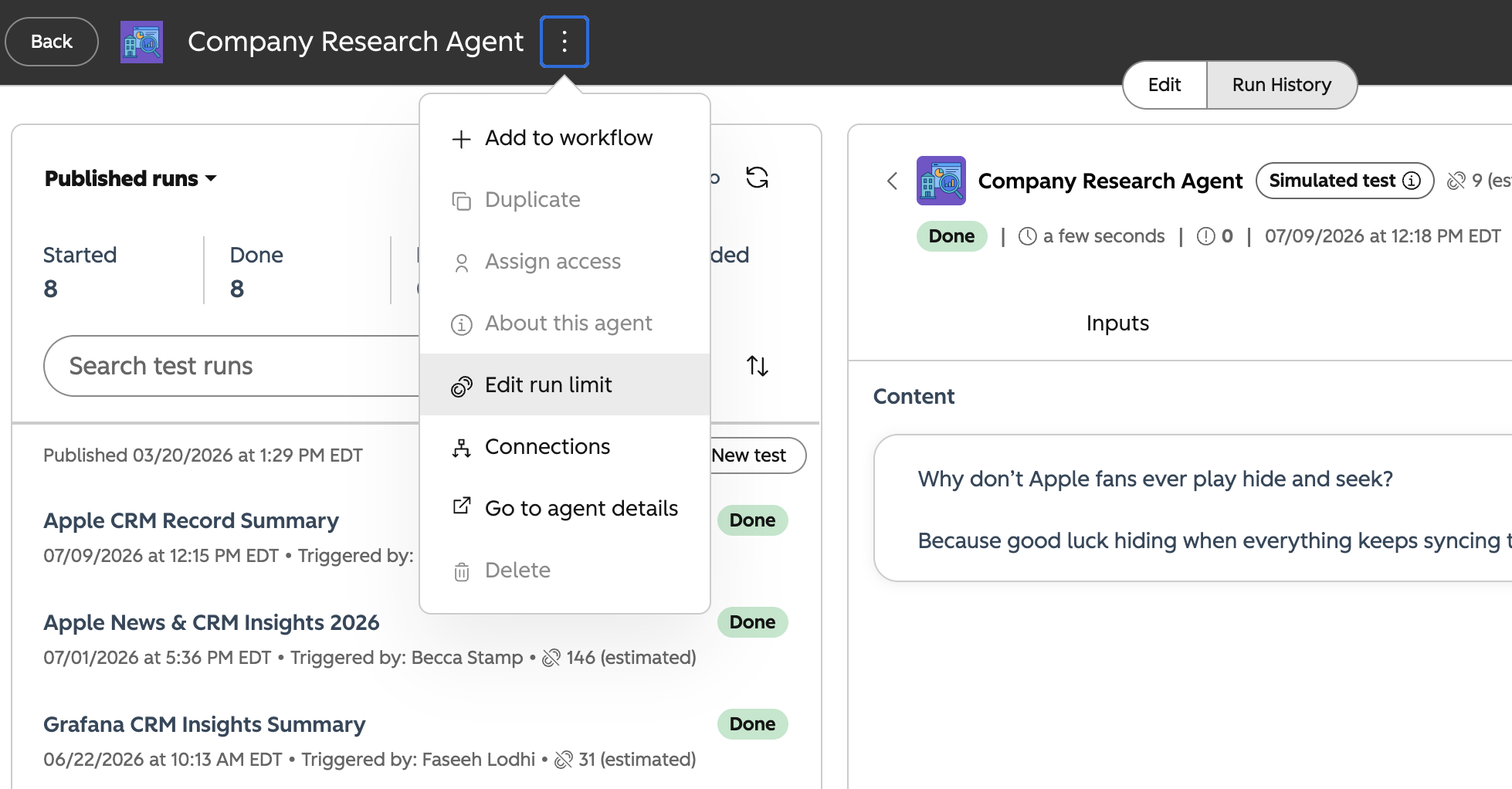 Company Research Agent in the agent builder with the three vertical dots menu open and Edit run limit highlighted.