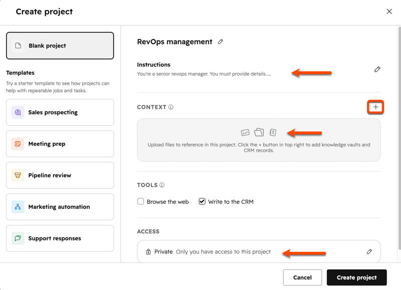 Create project dialog showing a RevOps management project with arrows highlighting the Instructions field, Context upload area, and Private access setting.