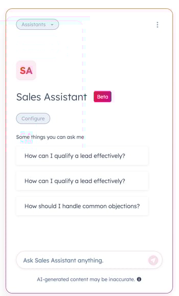A custom assistant is displayed. A user can click a conversation starter (e.g., How can I qualify a lead effectively?) or enter prompt and click the send icon.