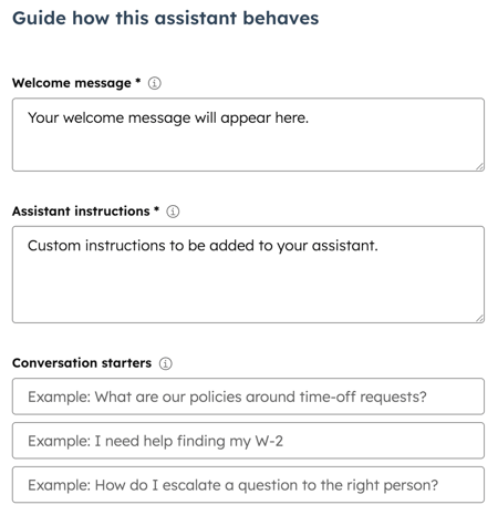 In Breeze Studio, the Breeze Assistant editor is displayed with the Guide how this assistant behaves section. The section includes the following fields: Welcome message, Assistant instructions, and Conversation starters.