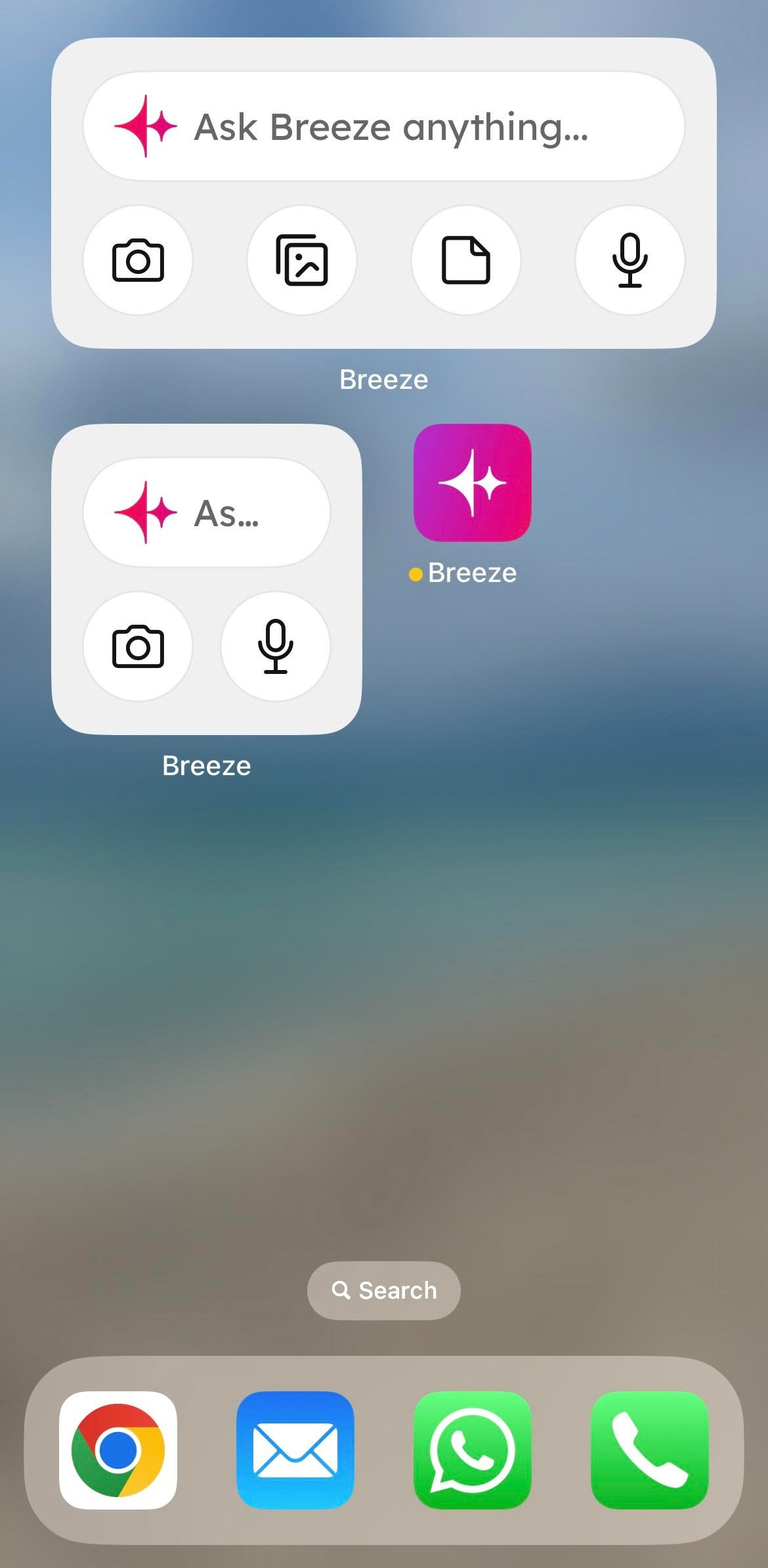 Em um dispositivo móvel, os widgets móveis do Breeze Assistant são exibidos._pt-br
