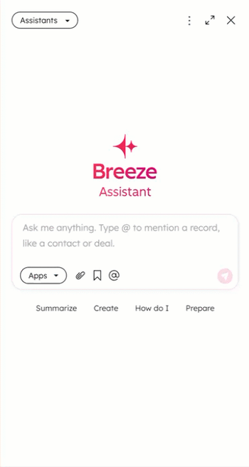 Breeze Assistant is displayed where the user enters a prompt manually and demonstrates selecting a suggested prompt.