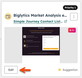 In the personalization tool, a content variant is displayed. An arrow points to the Edit button on the content variant card.