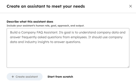 In Breeze studio, a dialog box is displayed. You can create an assistant by describing the assistant or starting from scratch.