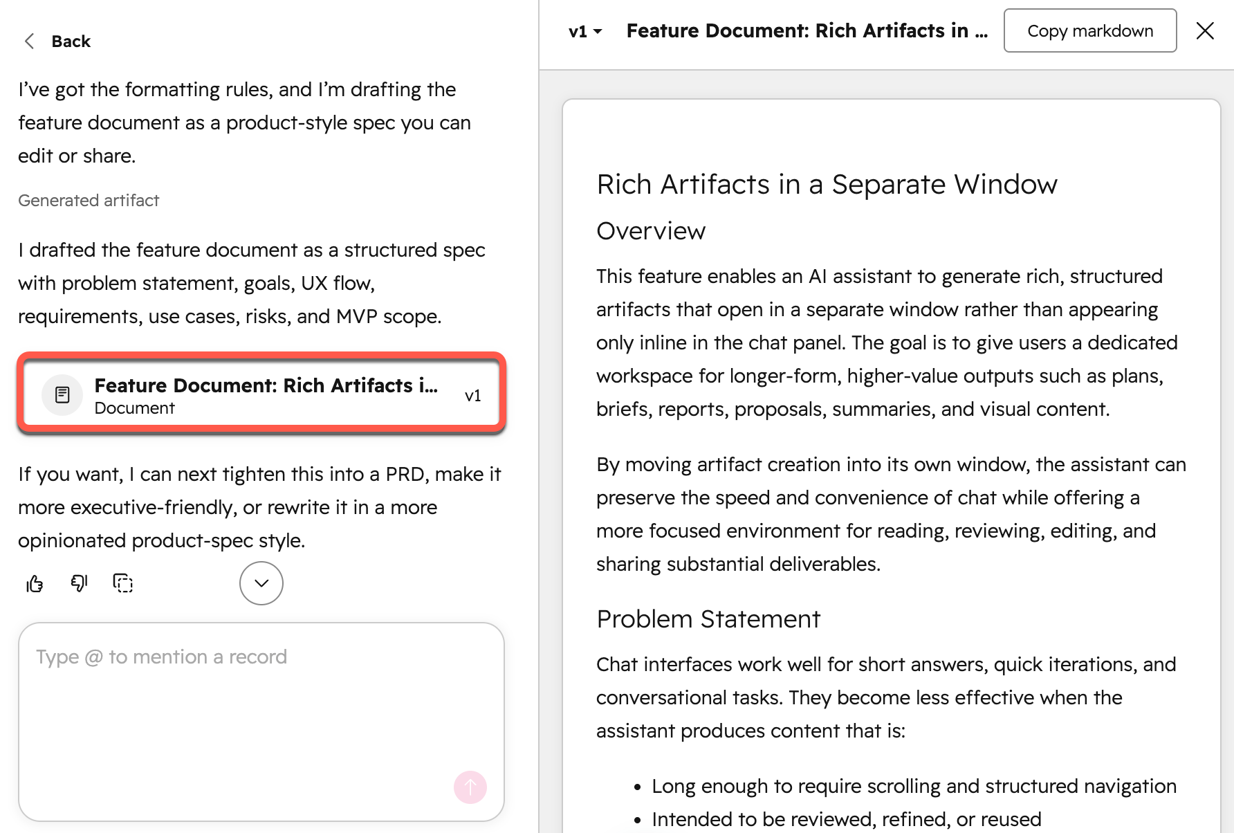A Breeze Assistant chat, with a dedicated canvas opened, displaying a generated document. The document name is highlighted in the chat log.