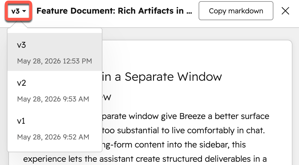 A document generated by Breeze Assistant. The version dropdown menu in the top left is highlighted and selected, showing three version names that can be selected from the dropdown menu.