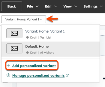 In the content editor, an arrow points to the Variant dropdown menu. A box is placed around the Add personalized variant hyperlinked text.