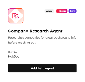 The company research agent page is displayed in Breeze Marketplace. A brief description is provided: researches companies for great background info before reaching out. An Add beta agent button is displayed.