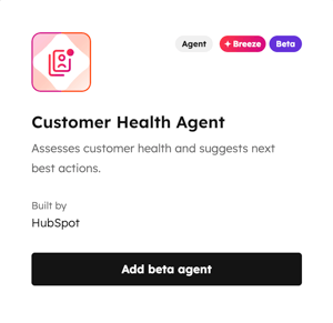 The customer health agent page is displayed in Breeze Marketplace. A brief description is provided: assesses customer health and suggests next best actions. An Add beta agent button is displayed.