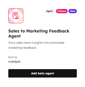 The sales to marketing feedback agent page is displayed in Breeze Marketplace. A brief description is provided: 'Turn sales team insights into actionable marketing feedback.' An Add beta agent button is displayed.