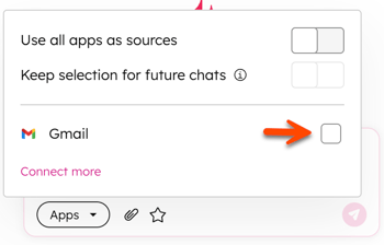 In Breeze Assistant, the Apps dropdown menu is displayed showing connected app options. An arrow points to a checkbox for an app to be selected.
