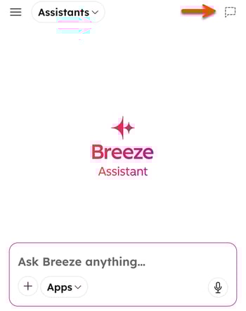 On the Breeze Assistant mobile app, the Breeze Home screen is displayed. An arrow points to the temporary chat icon in the top right.