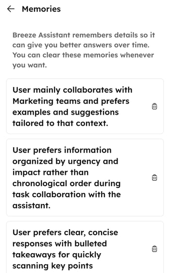 On the Breeze Assistant mobile app, the Memories screen is displayed within settings. This screen shows any saved preferences a user might have.