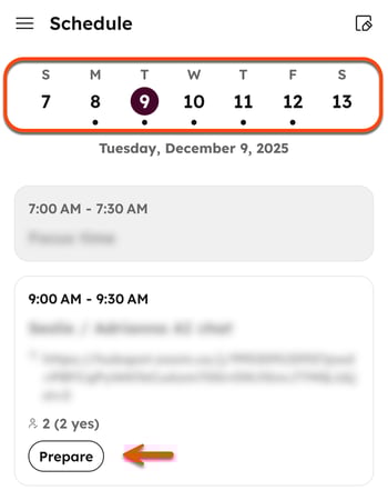 On the Breeze Assistant mobile app, the Schedule screen is displayed. A box is placed around the weekly calendar at the top. An arrow points to the Prepare button for a meeting.