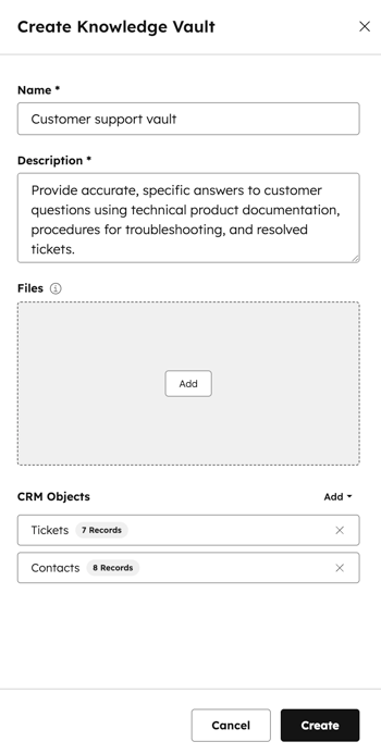 A side panel is displayed when creating a knowledge vault. These fields are available: name, description, files section with a button to add, CRM objects section with a dropdown menu to choose options. On the bottom right is a Create button.