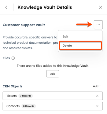 A side panel is displayed when editing a knowledge vault. An arrow is pointing to the ellipses icon and the following options are displayed: Edit or Delete. A box is displayed around the Delete option.