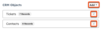 A side panel is displayed when editing a knowledge vault. A CRM Objects section is visible. A box is displayed around the Add dropdown menu to add new CRM objects. Another box is displayed around an X icon to removed existing CRM objects.