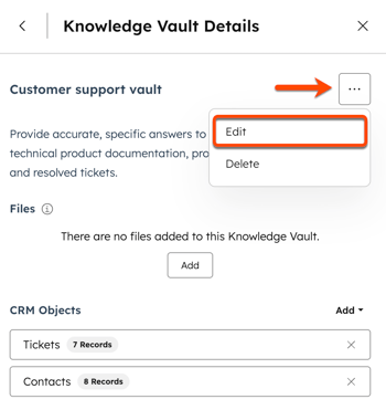 A side panel is displayed when editing a knowledge vault. An arrow is pointing to the ellipses icon and the following options are displayed: Edit or Delete. A box is around the Edit option.