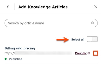 In the right panel, when creating a knowledge vault, the add content information is displayed. An arrow points to the Select all switch. A box is placed around a checkbox for a specific asset.