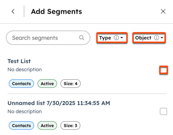 In the right panel, when creating a knowledge vault, the add segment details are displayed. Boxes are placed around the Type and Object dropdown menu to filter segments. A box is placed around a checkbox for a specific segment.